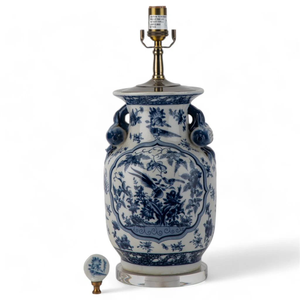 Danny's Fine Porcelain 17Lx17Wx 28H Round Vase Lamp - B/W Birds & Florals [Acrylic_Base/Sh:2-847-17] 10794-LA - Image 3