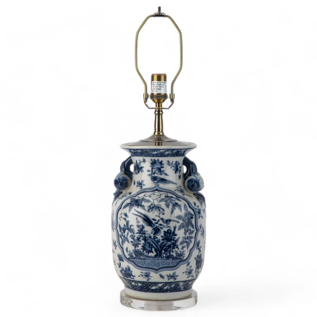 Danny's Fine Porcelain 17Lx17Wx 28H Round Vase Lamp - B/W Birds & Florals [Acrylic_Base/Sh:2-847-17] 10794-LA - Image 4