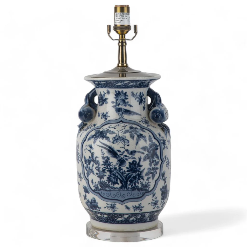 Danny's Fine Porcelain 17Lx17Wx 28H Round Vase Lamp - B/W Birds & Florals [Acrylic_Base/Sh:2-847-17] 10794-LA - Image 5