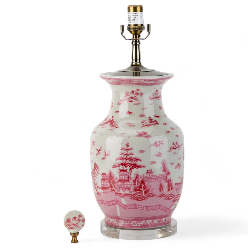 Danny's Fine Porcelain 17Lx17Wx29H Porcelain Lamp - Pink And White Willow [Acrylic_Base/Sh:2-847-17] 14212-LA - Image 4