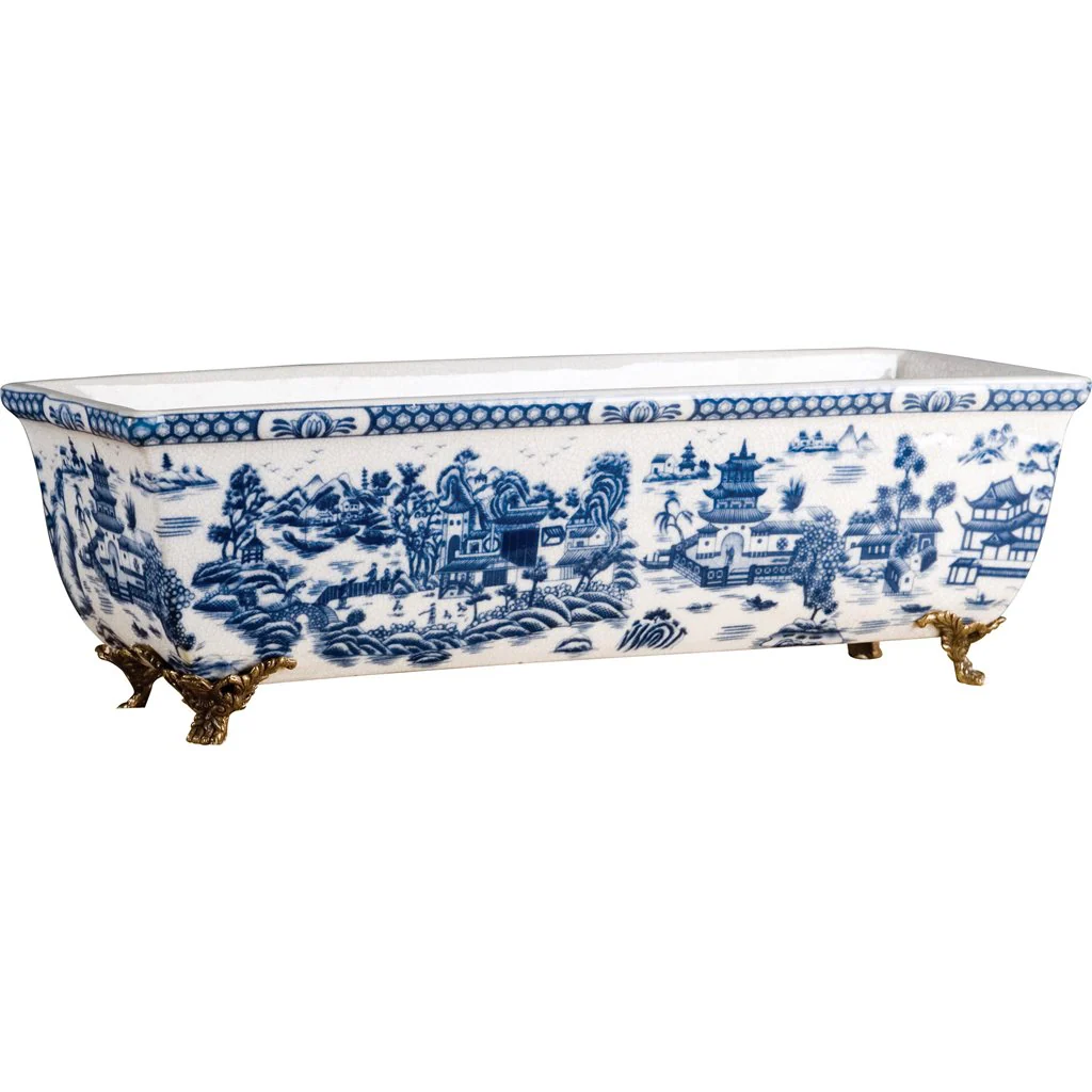 Danny's Fine Porcelain 18x6.5x6 Porcelain Rectangular Planter With Bronze Feet - Blue Willow 14068