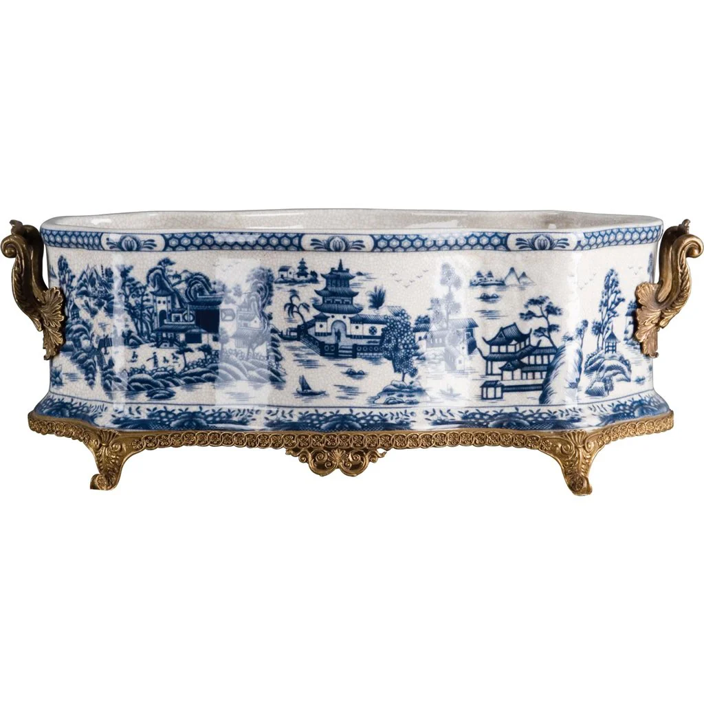 Danny's Fine Porcelain 20x11.5x7 Porcelain Planter With Bronze Ormolu - Blue Willow 14069
