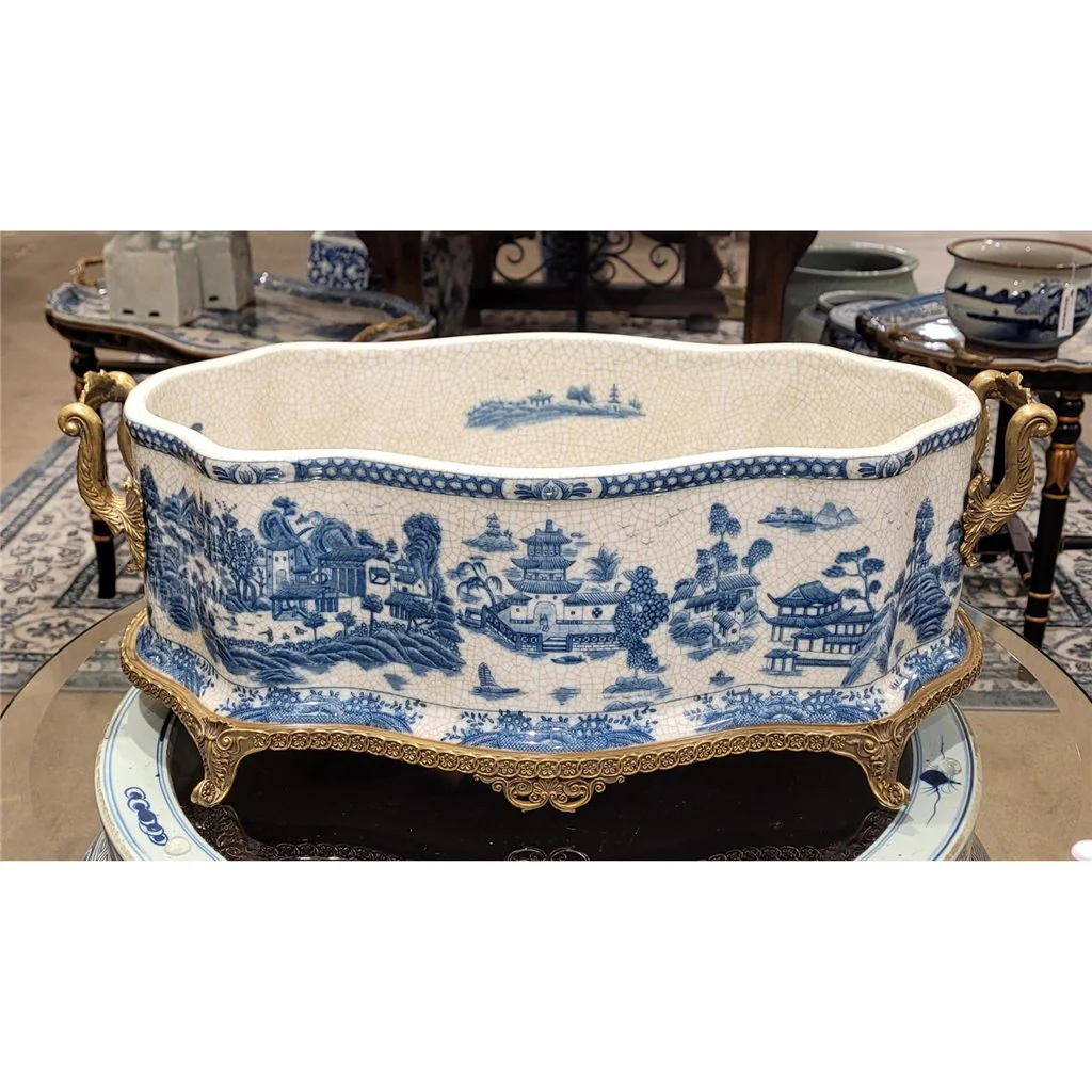 Danny's Fine Porcelain 20x11.5x7 Porcelain Planter With Bronze Ormolu - Blue Willow 14069 - Image 2