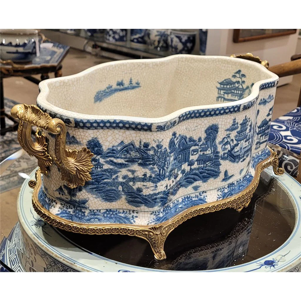 Danny's Fine Porcelain 20x11.5x7 Porcelain Planter With Bronze Ormolu - Blue Willow 14069 - Image 3