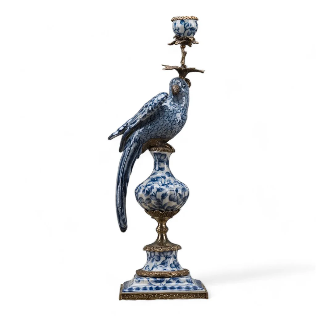 Danny's Fine Porcelain 6L X 6W X 19H PORCELAIN PARROT CANDLE HOLDER WITH BRONZE ORMOLU- BLUE AND WHITE (LEFT) 14049