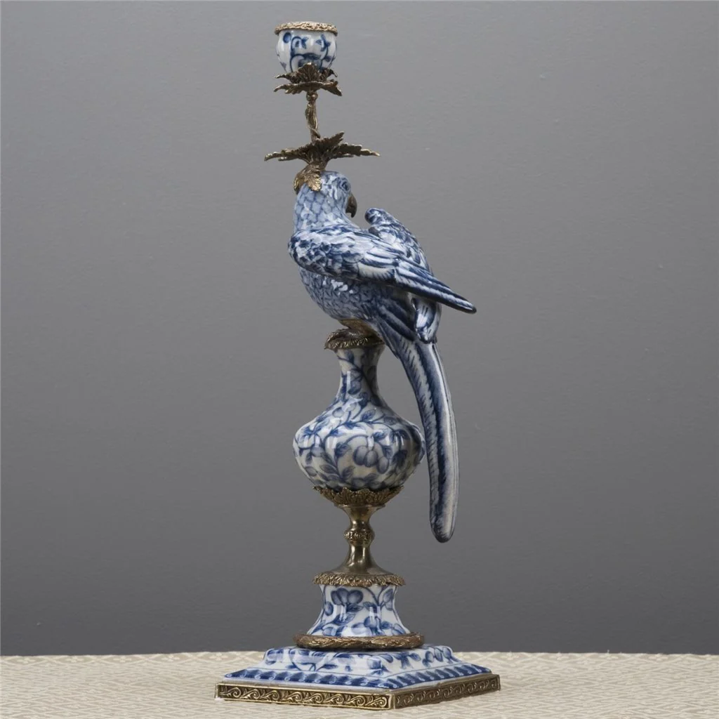 Danny's Fine Porcelain 6L X 6W X 19H PORCELAIN PARROT CANDLE HOLDER WITH BRONZE ORMOLU- BLUE AND WHITE (LEFT) 14049 - Image 12