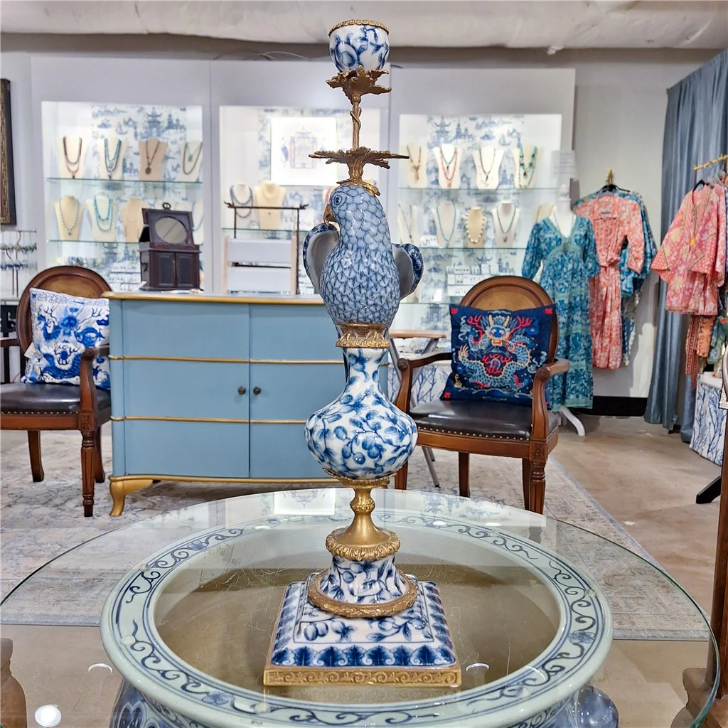 Danny's Fine Porcelain 6L X 6W X 19H PORCELAIN PARROT CANDLE HOLDER WITH BRONZE ORMOLU- BLUE AND WHITE (LEFT) 14049 - Image 3