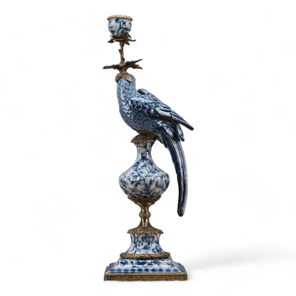 Danny's Fine Porcelain 6L X 6W X 19H PORCELAIN PARROT CANDLE HOLDER WITH BRONZE ORMOLU- BLUE AND WHITE (LEFT) 14049 - Image 6