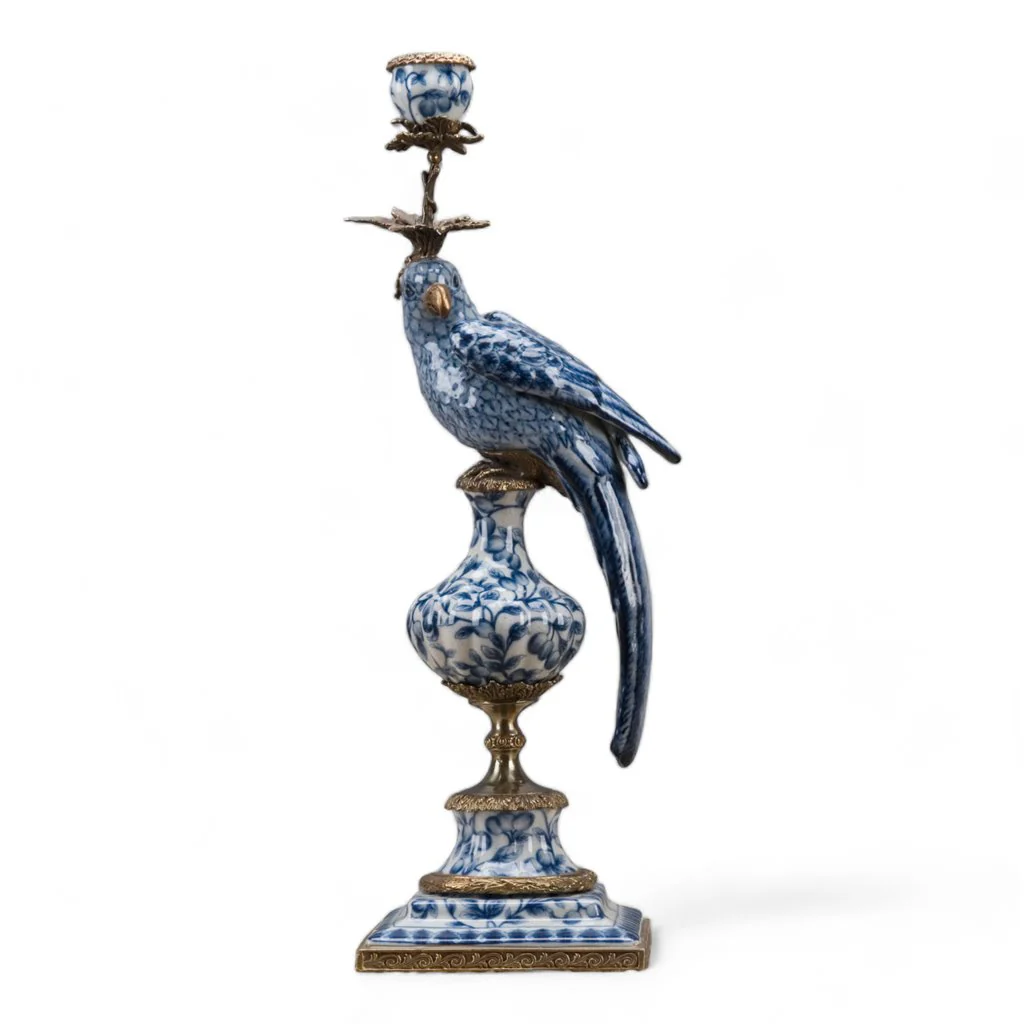 Danny's Fine Porcelain 6L X 6W X 19H PORCELAIN PARROT CANDLE HOLDER WITH BRONZE ORMOLU- BLUE AND WHITE (RIGHT) 14050