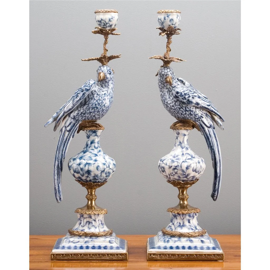 Danny's Fine Porcelain 6L X 6W X 19H PORCELAIN PARROT CANDLE HOLDER WITH BRONZE ORMOLU- BLUE AND WHITE (RIGHT) 14050 - Image 15