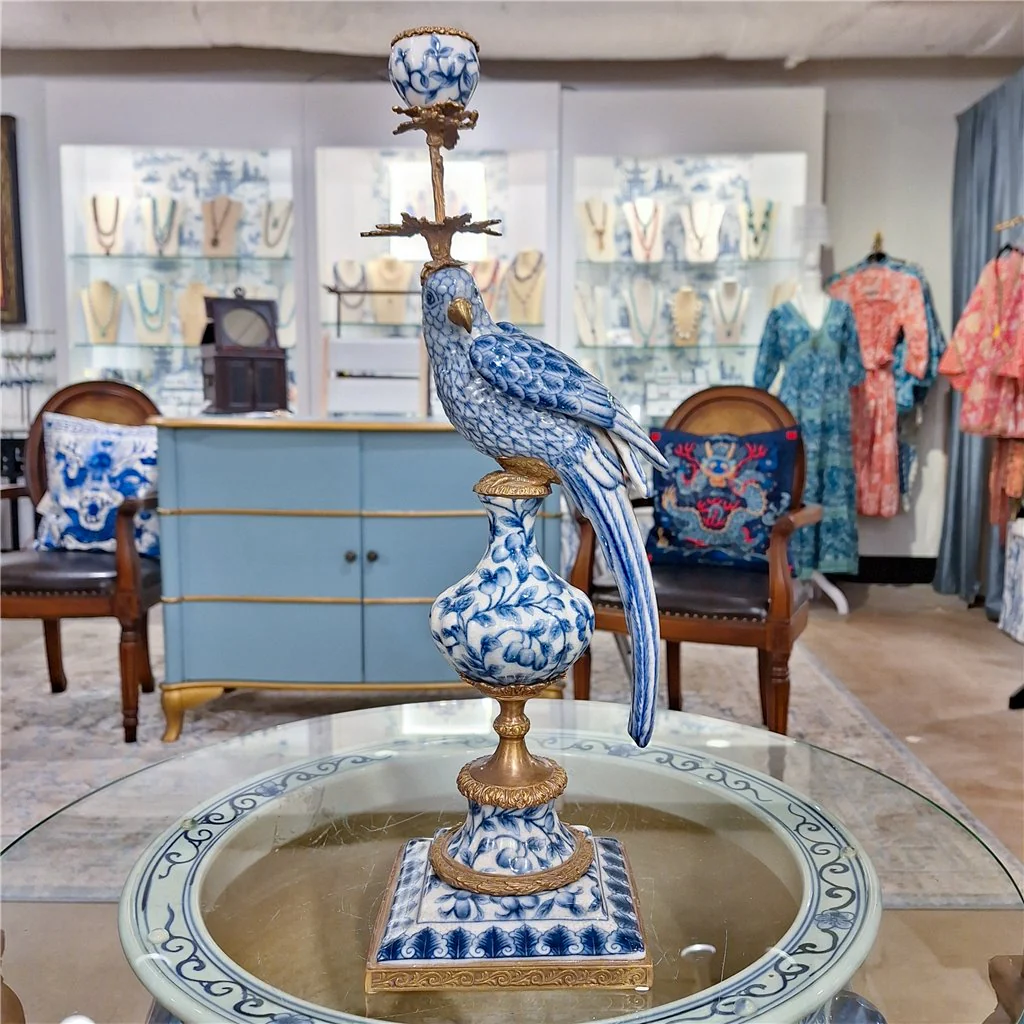 Danny's Fine Porcelain 6L X 6W X 19H PORCELAIN PARROT CANDLE HOLDER WITH BRONZE ORMOLU- BLUE AND WHITE (RIGHT) 14050 - Image 2