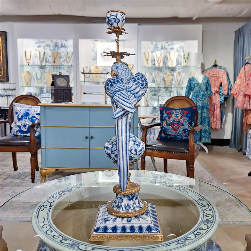 Danny's Fine Porcelain 6L X 6W X 19H PORCELAIN PARROT CANDLE HOLDER WITH BRONZE ORMOLU- BLUE AND WHITE (RIGHT) 14050 - Image 3