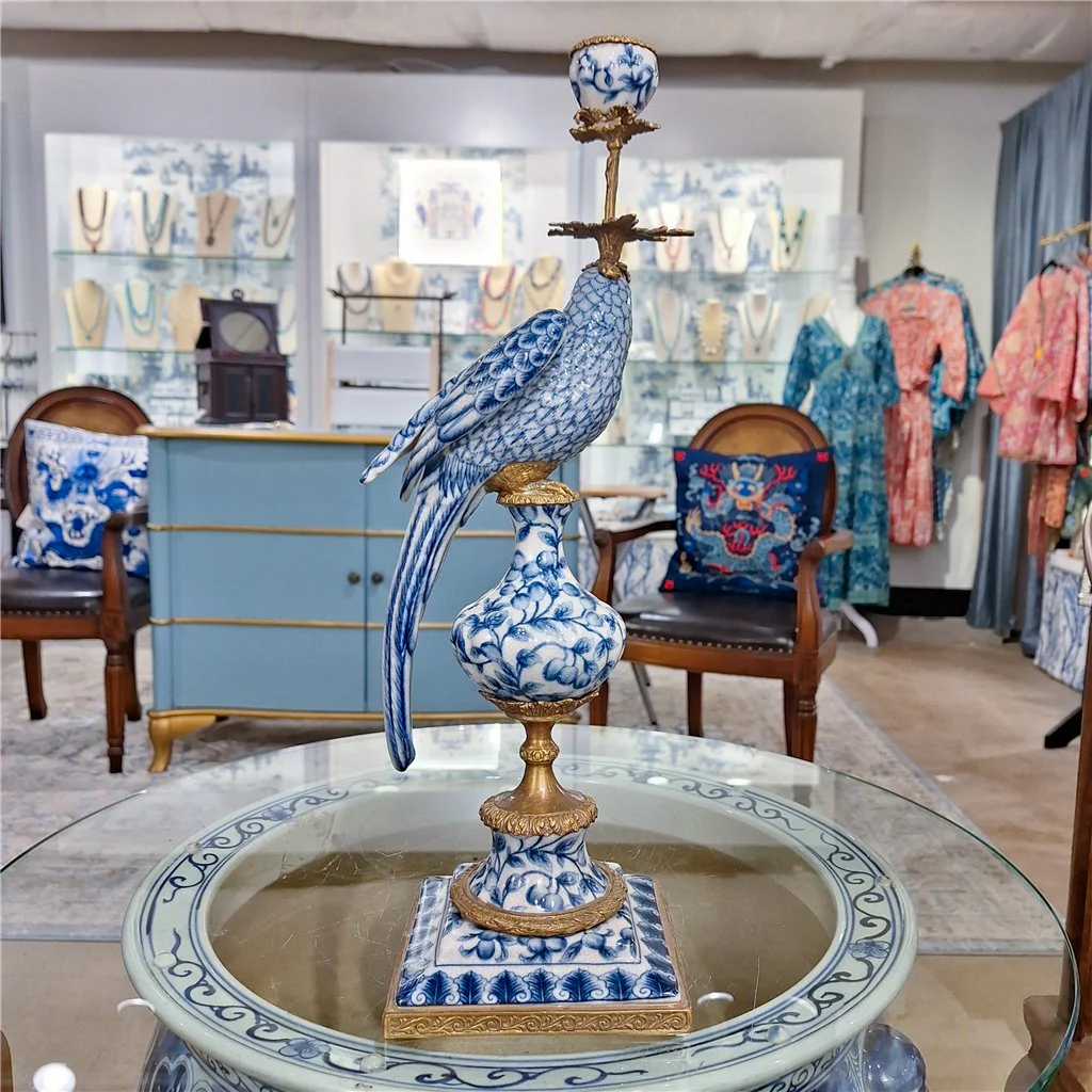 Danny's Fine Porcelain 6L X 6W X 19H PORCELAIN PARROT CANDLE HOLDER WITH BRONZE ORMOLU- BLUE AND WHITE (RIGHT) 14050 - Image 4