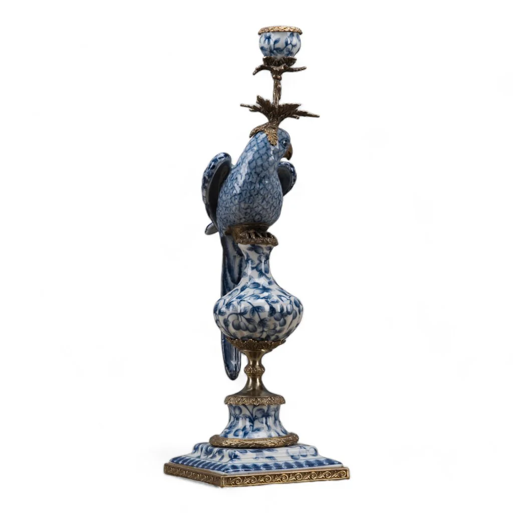 Danny's Fine Porcelain 6L X 6W X 19H PORCELAIN PARROT CANDLE HOLDER WITH BRONZE ORMOLU- BLUE AND WHITE (RIGHT) 14050 - Image 5