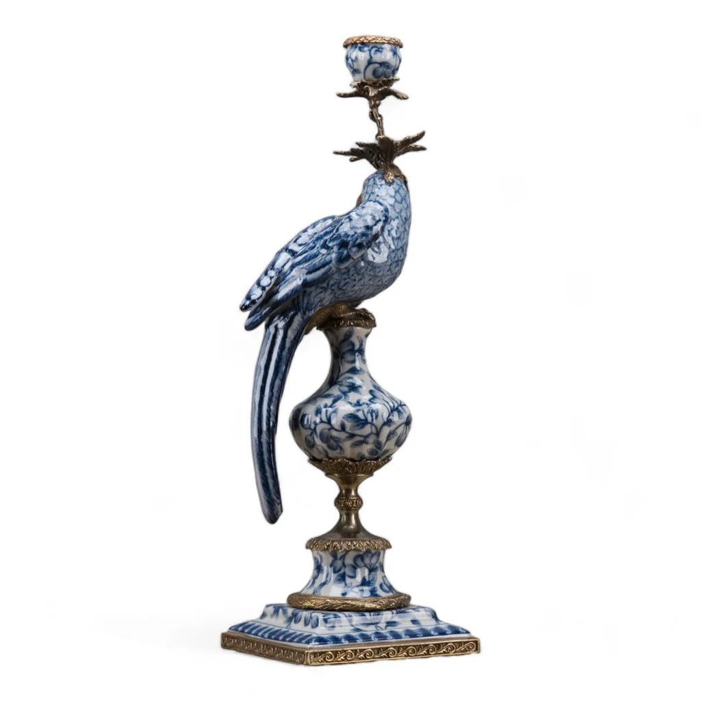 Danny's Fine Porcelain 6L X 6W X 19H PORCELAIN PARROT CANDLE HOLDER WITH BRONZE ORMOLU- BLUE AND WHITE (RIGHT) 14050 - Image 6