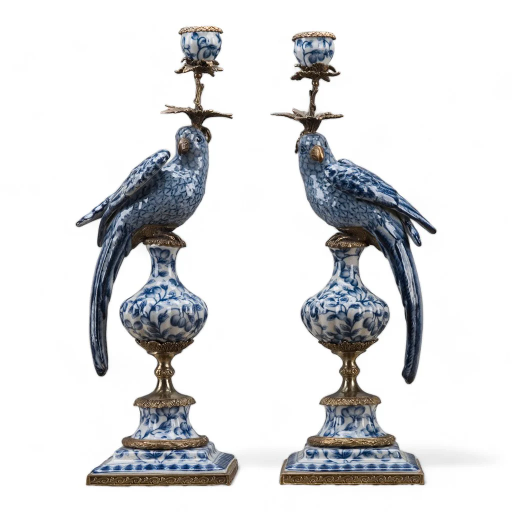 Danny's Fine Porcelain 6L X 6W X 19H PORCELAIN PARROT CANDLE HOLDER WITH BRONZE ORMOLU- BLUE AND WHITE (RIGHT) 14050 - Image 8