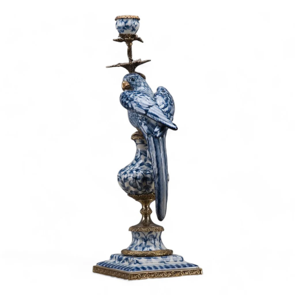 Danny's Fine Porcelain 6L X 6W X 19H PORCELAIN PARROT CANDLE HOLDER WITH BRONZE ORMOLU- BLUE AND WHITE (RIGHT) 14050 - Image 9