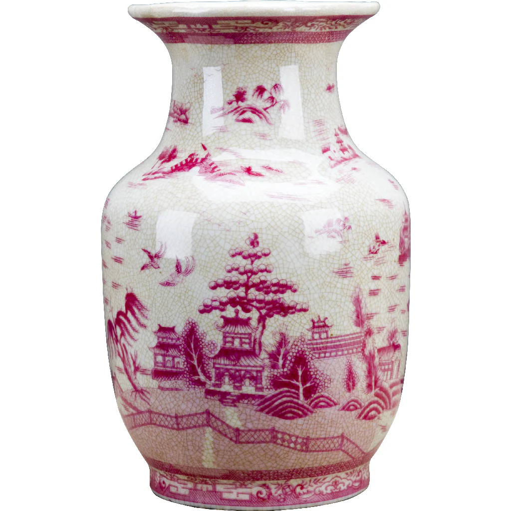 Danny's Fine Porcelain 8.5L X8.5 W X 13H PORCELAIN VASE (DRILLED HOLE)- PINK AND WHITE WILLOW 14212