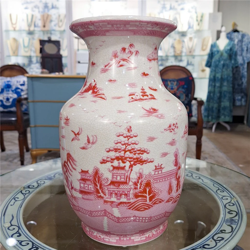 Danny's Fine Porcelain 8.5L X8.5 W X 13H PORCELAIN VASE (DRILLED HOLE)- PINK AND WHITE WILLOW 14212 - Image 2