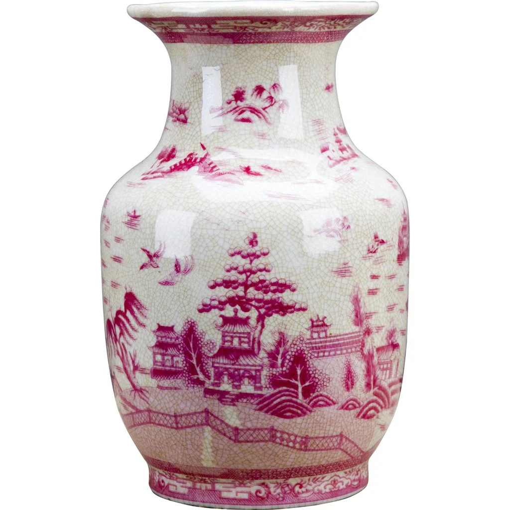 Danny's Fine Porcelain 8.5L X8.5 W X 13H PORCELAIN VASE (DRILLED HOLE)- PINK AND WHITE WILLOW 14212 - Image 4