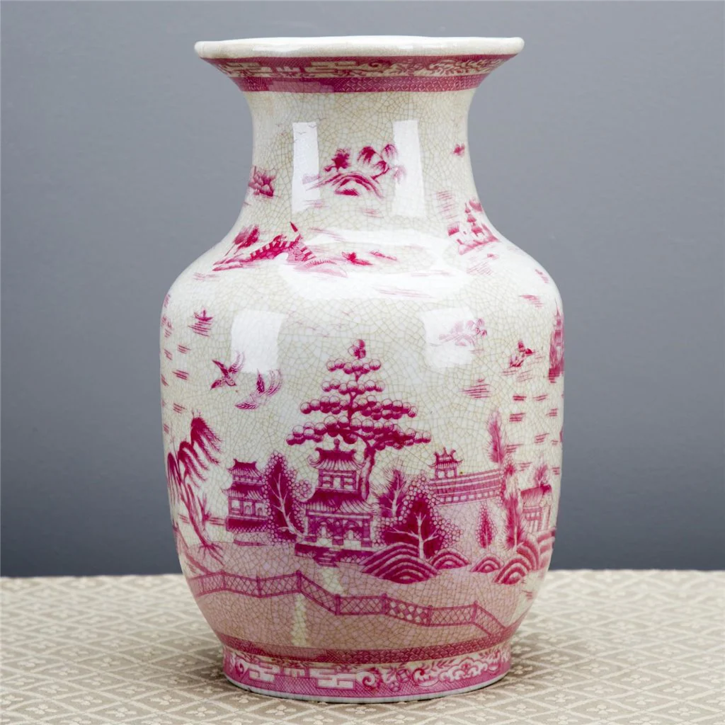 Danny's Fine Porcelain 8.5L X8.5 W X 13H PORCELAIN VASE (DRILLED HOLE)- PINK AND WHITE WILLOW 14212 - Image 5
