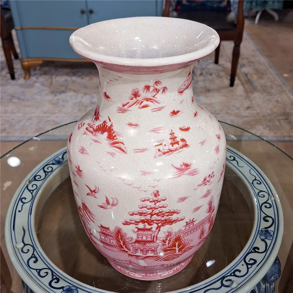 Danny's Fine Porcelain 8.5L X8.5 W X 13H PORCELAIN VASE (DRILLED HOLE)- PINK AND WHITE WILLOW 14212 - Image 7