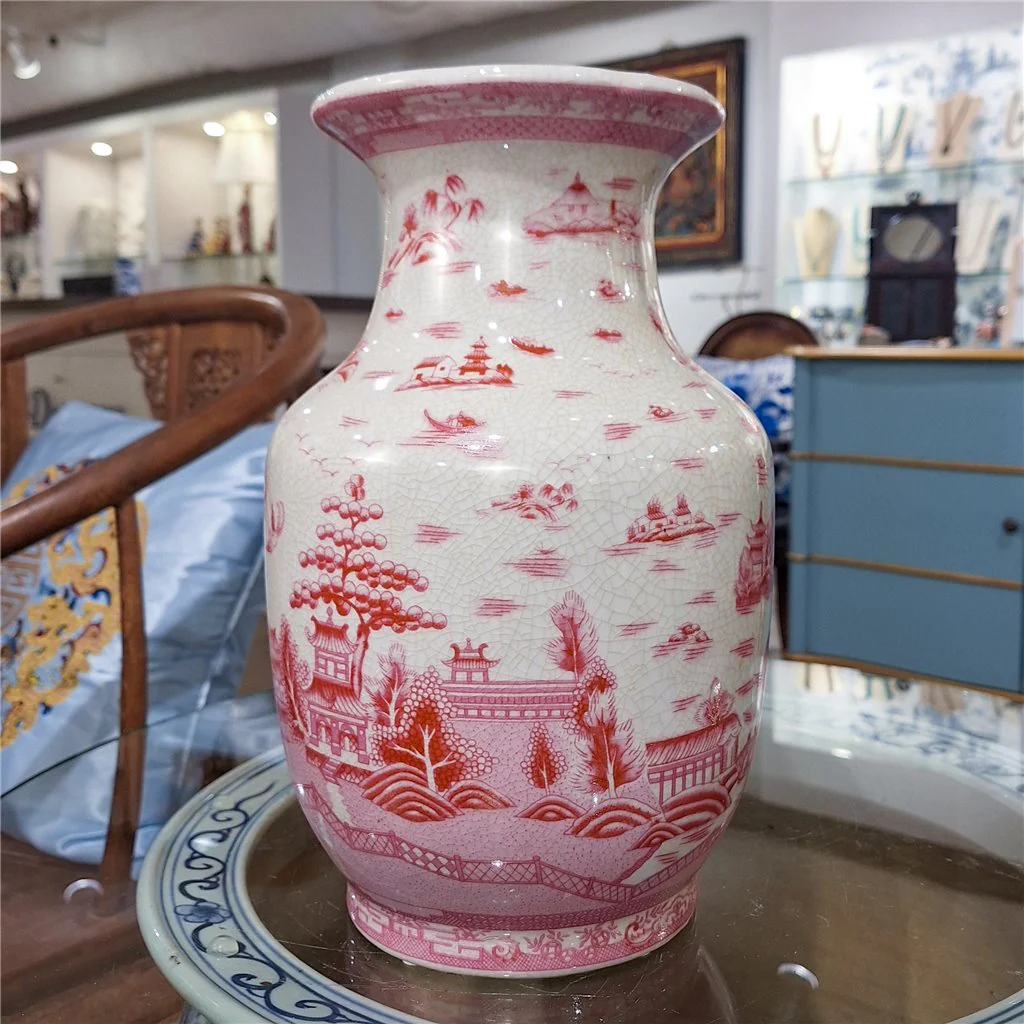 Danny's Fine Porcelain 8.5L X8.5 W X 13H PORCELAIN VASE (DRILLED HOLE)- PINK AND WHITE WILLOW 14212 - Image 8