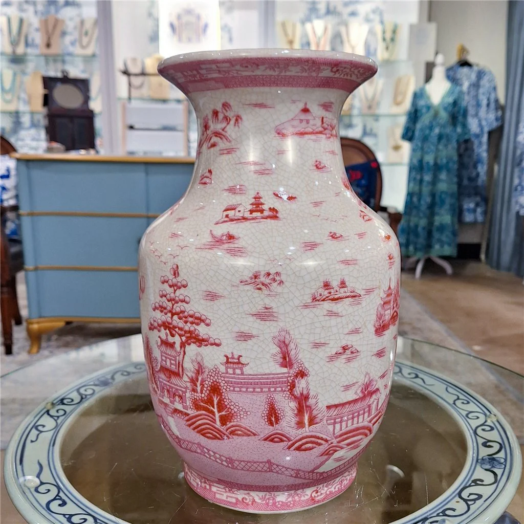 Danny's Fine Porcelain 8.5L X8.5 W X 13H PORCELAIN VASE (DRILLED HOLE)- PINK AND WHITE WILLOW 14212 - Image 9