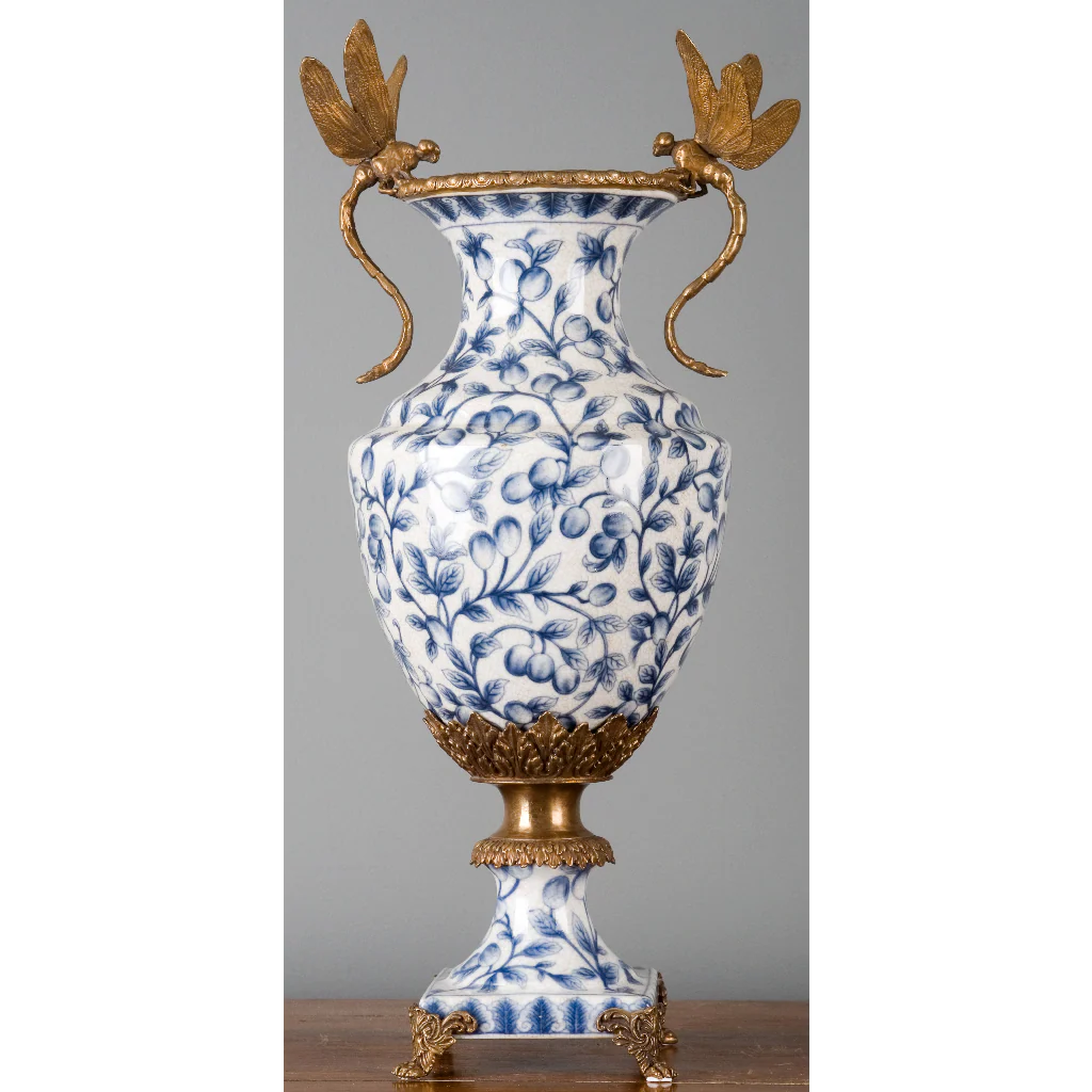 Danny's Fine Porcelain 8L X 8W X 20H PORCELAIN VASE WITH BRONZE ORMOLU AND DRAGONFLY - BLUE AND WHITE 14051 - Image 2