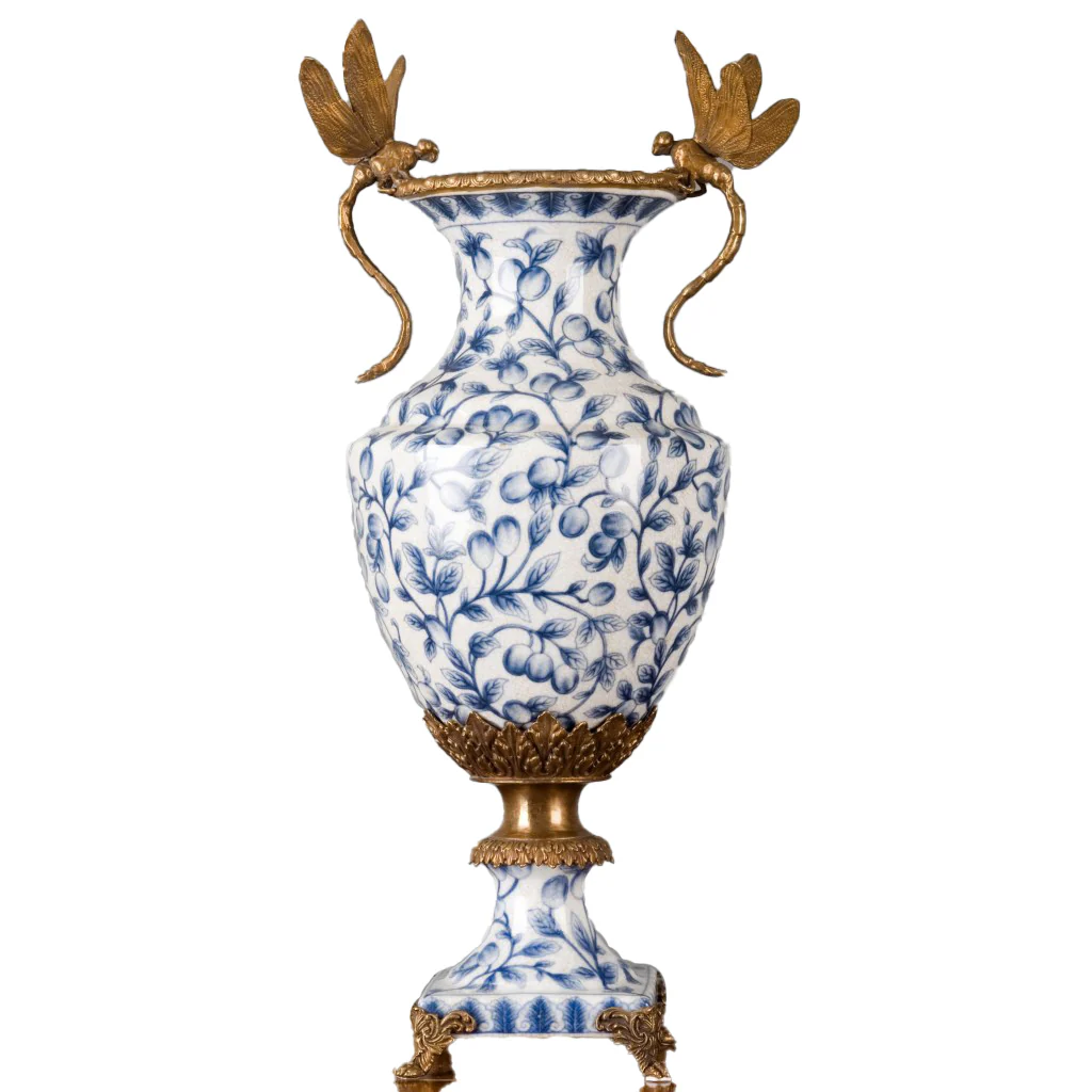 Danny's Fine Porcelain 8L X 8W X 20H PORCELAIN VASE WITH BRONZE ORMOLU AND DRAGONFLY - BLUE AND WHITE 14051 - Image 3