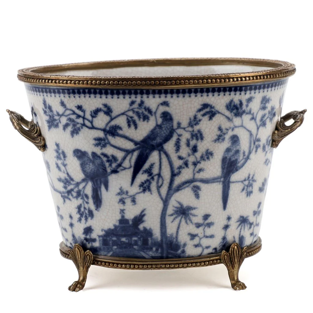 Danny's Fine Porcelain Basin With Bronze-Blue And White Birds 14219