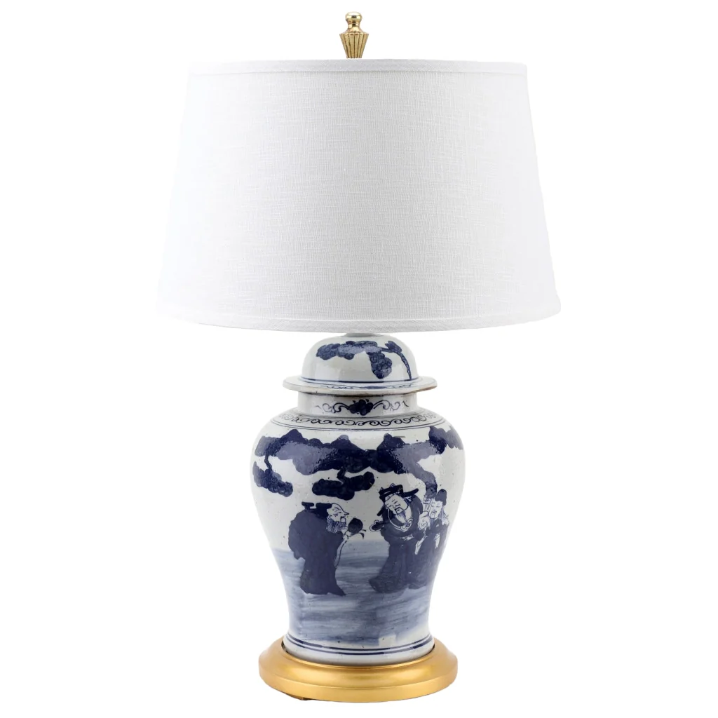 Danny's Fine Porcelain Classic Porcelain Temple Jar Lamp - Three Stars Foolusau - Gold Wood Base (2-847-17) 50630-LG - Image 2