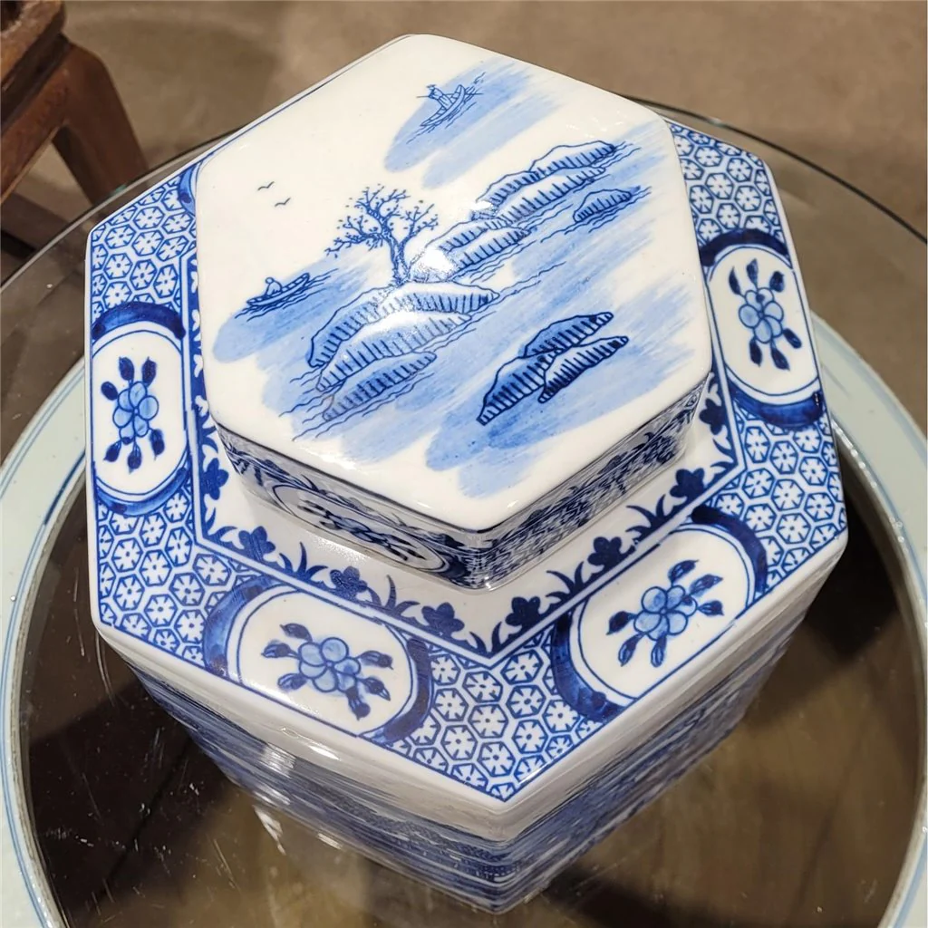 Danny's Fine Porcelain Hex Lidded Jar - Blue And White 50831 - Image 14