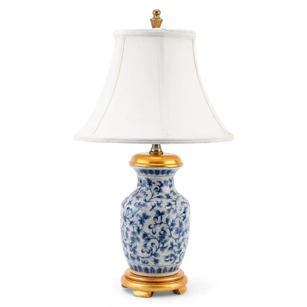 Danny's Fine Porcelain Lamp - Blue And White Filigree - Gold Wood Base And Cap (108-12-Be) 14054-LG