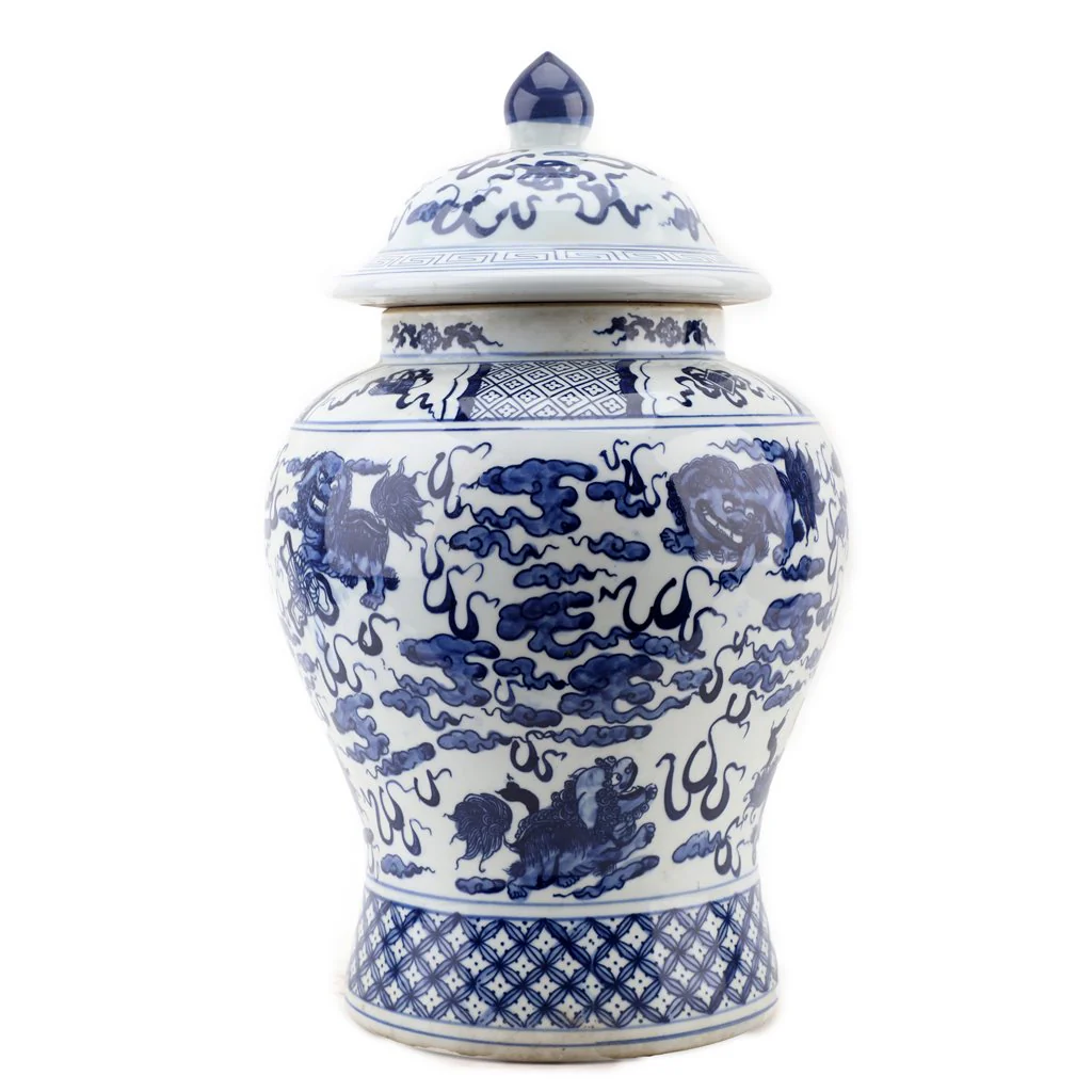 Danny's Fine Porcelain Lidded Warrier Jar - Lions - Blue And White Classic 50846
