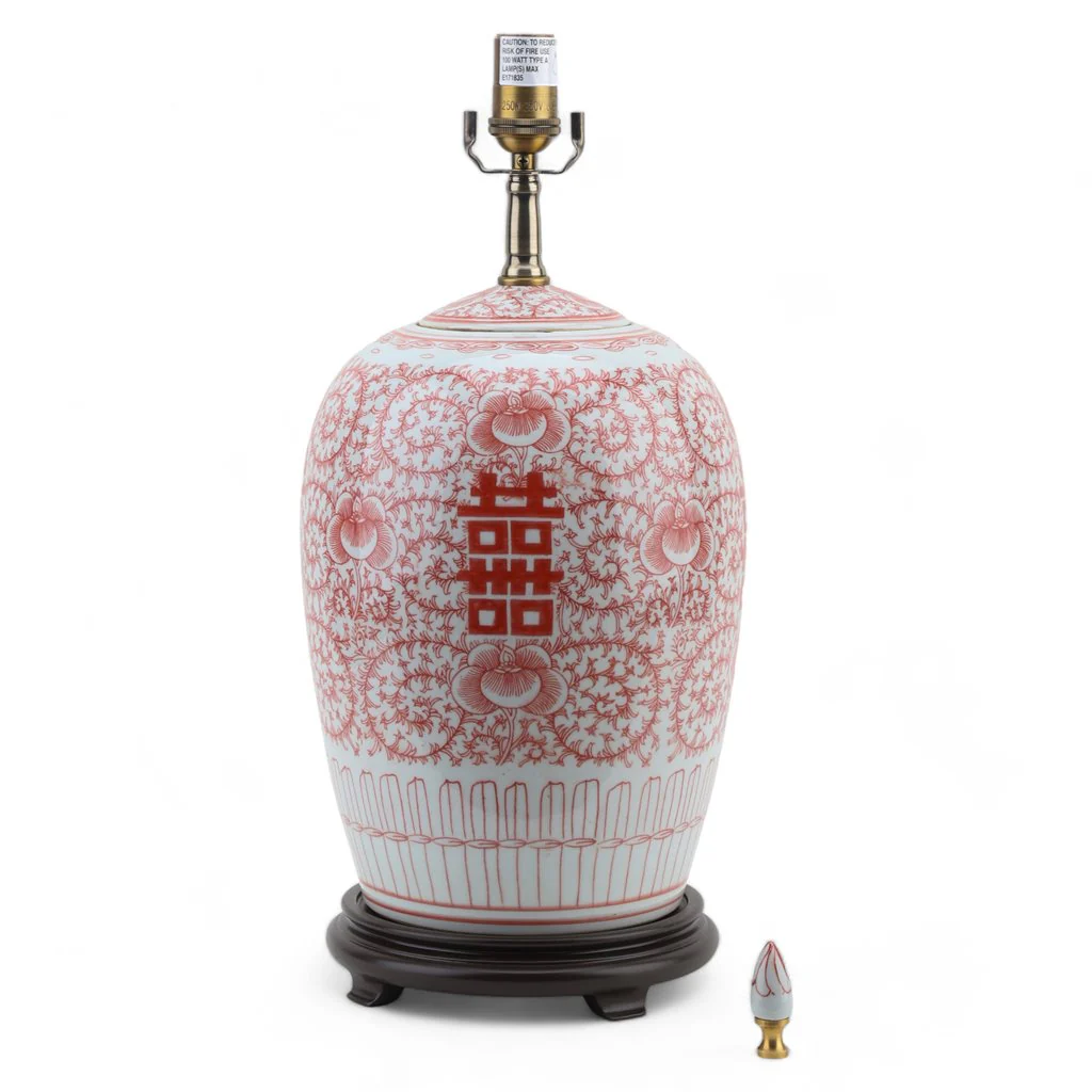 Danny's Fine Porcelain Melon Jar Lamp - Double Happiness (Salmon Color) (Shade: 108-17-Be) 50953-L - Image 3
