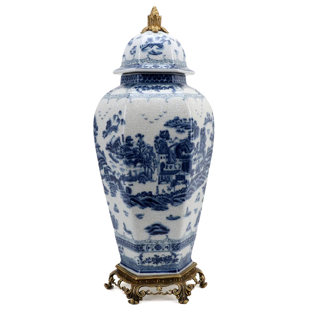 Danny's Fine Porcelain Octagonal Lidded Jar With Bronze Ormolu- Blue Willow 60370