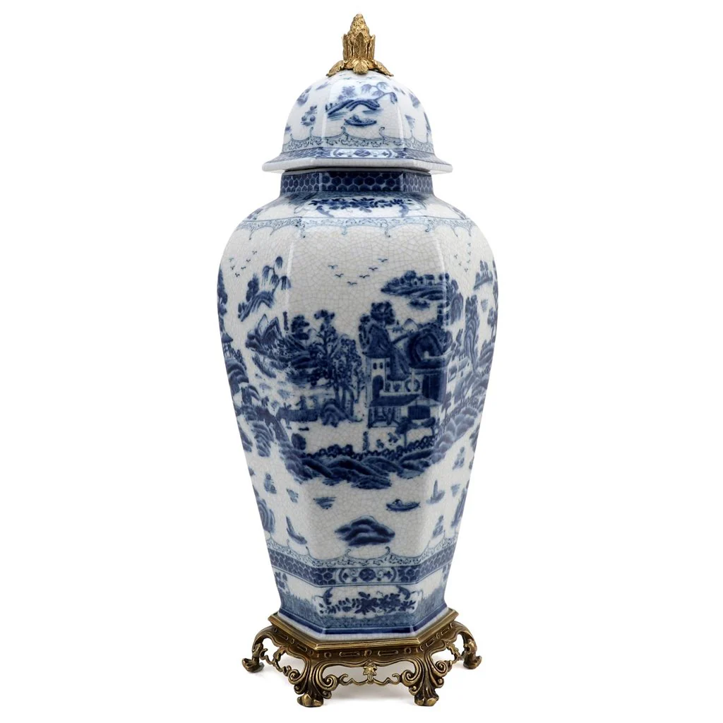 Danny's Fine Porcelain Octagonal Lidded Jar With Bronze Ormolu- Blue Willow 60370 - Image 2