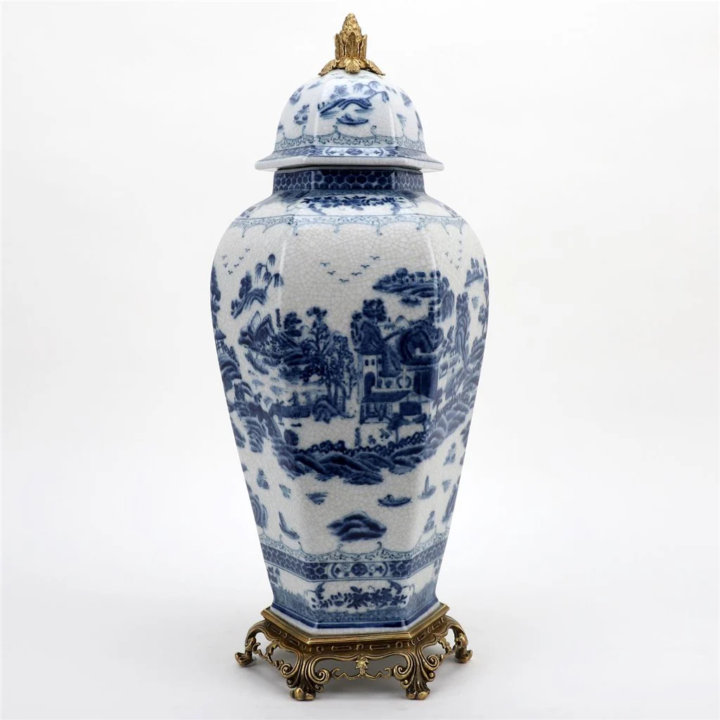 Danny's Fine Porcelain Octagonal Lidded Jar With Bronze Ormolu- Blue Willow 60370 - Image 3