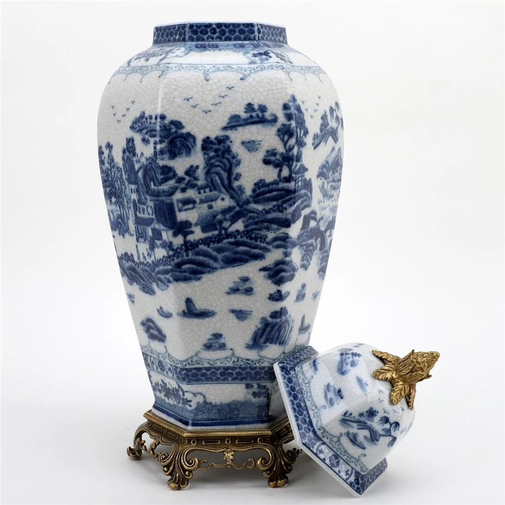 Danny's Fine Porcelain Octagonal Lidded Jar With Bronze Ormolu- Blue Willow 60370 - Image 5