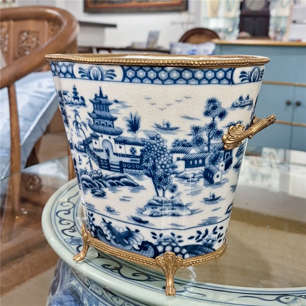 Danny's Fine Porcelain Planter With Bronze Ormolu- Blue Willow 14255 - Image 12
