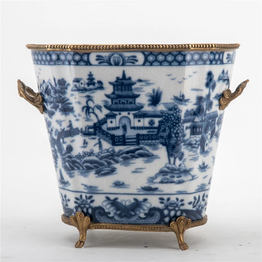 Danny's Fine Porcelain Planter With Bronze Ormolu- Blue Willow 14255 - Image 3