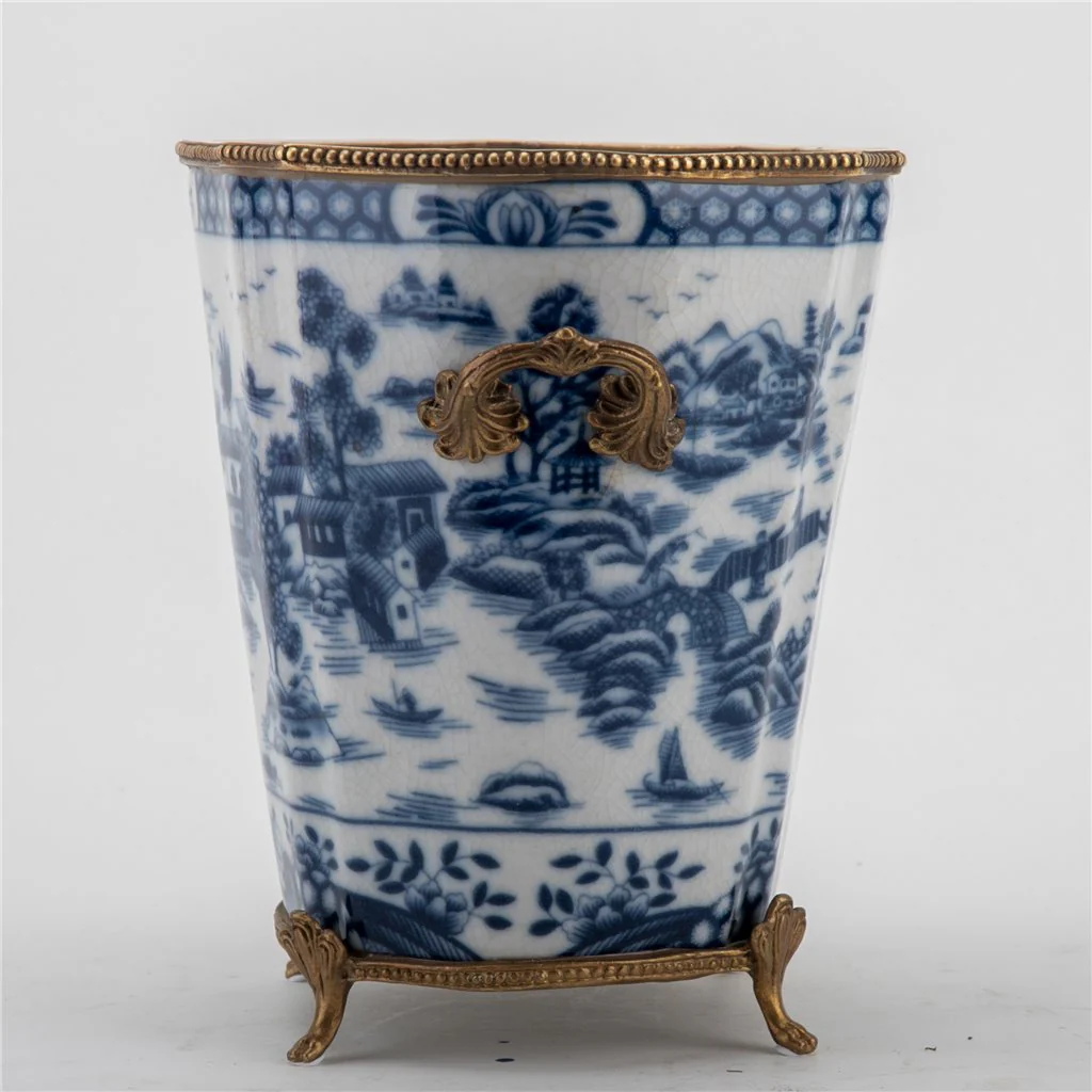 Danny's Fine Porcelain Planter With Bronze Ormolu- Blue Willow 14255 - Image 5