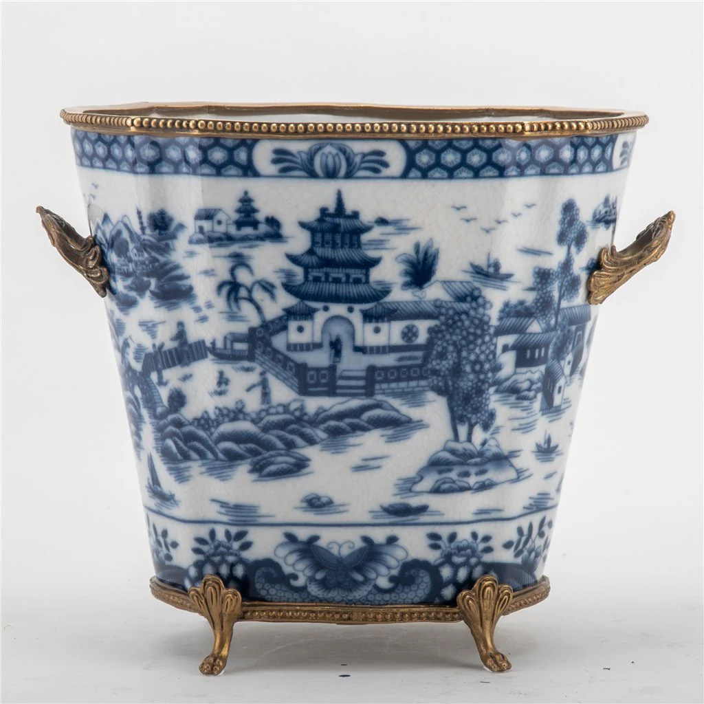 Danny's Fine Porcelain Planter With Bronze Ormolu- Blue Willow 14255 - Image 6