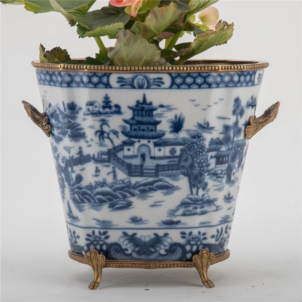 Danny's Fine Porcelain Planter With Bronze Ormolu- Blue Willow 14255 - Image 7