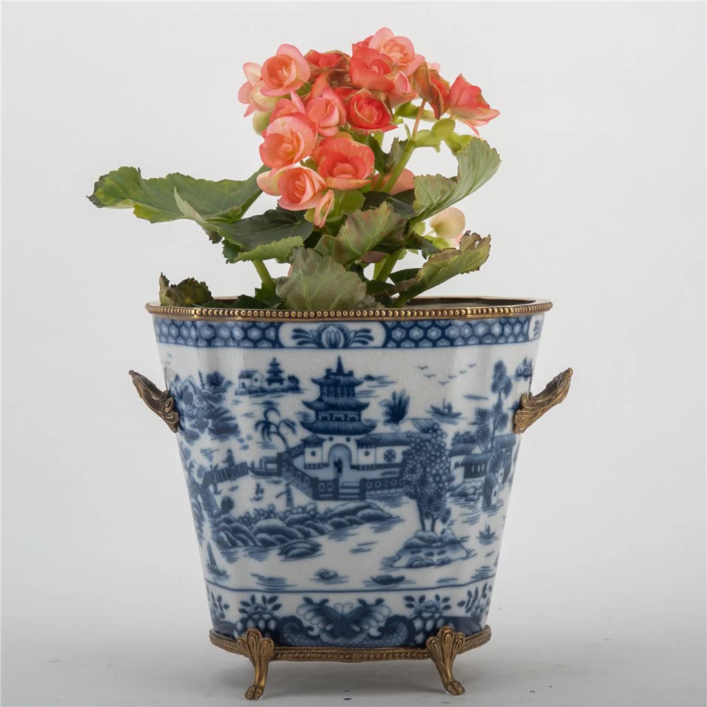 Danny's Fine Porcelain Planter With Bronze Ormolu- Blue Willow 14255 - Image 8