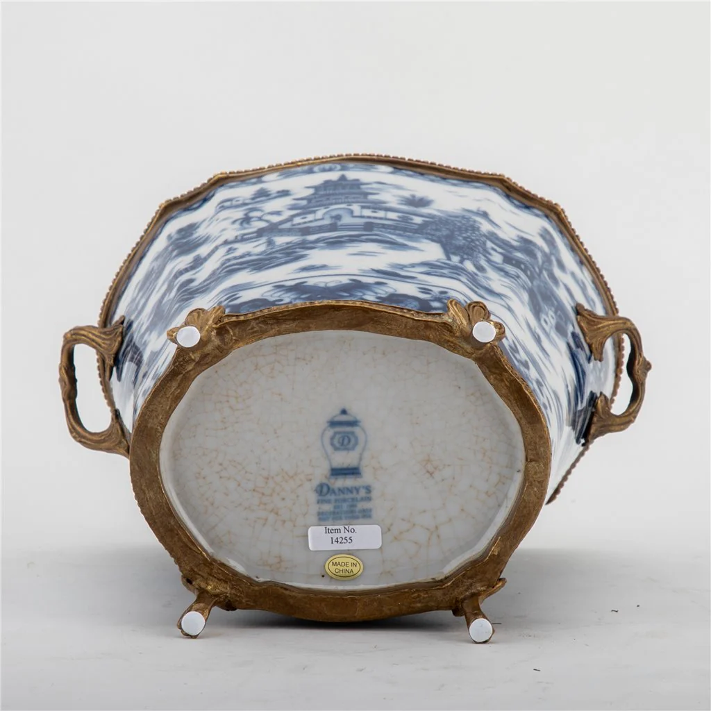 Danny's Fine Porcelain Planter With Bronze Ormolu- Blue Willow 14255 - Image 9
