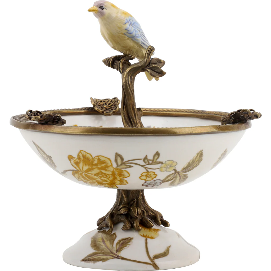 Danny's Fine Porcelain Porcelain Bird Dish With Bronze Ormolu - Yellow Floral 60416