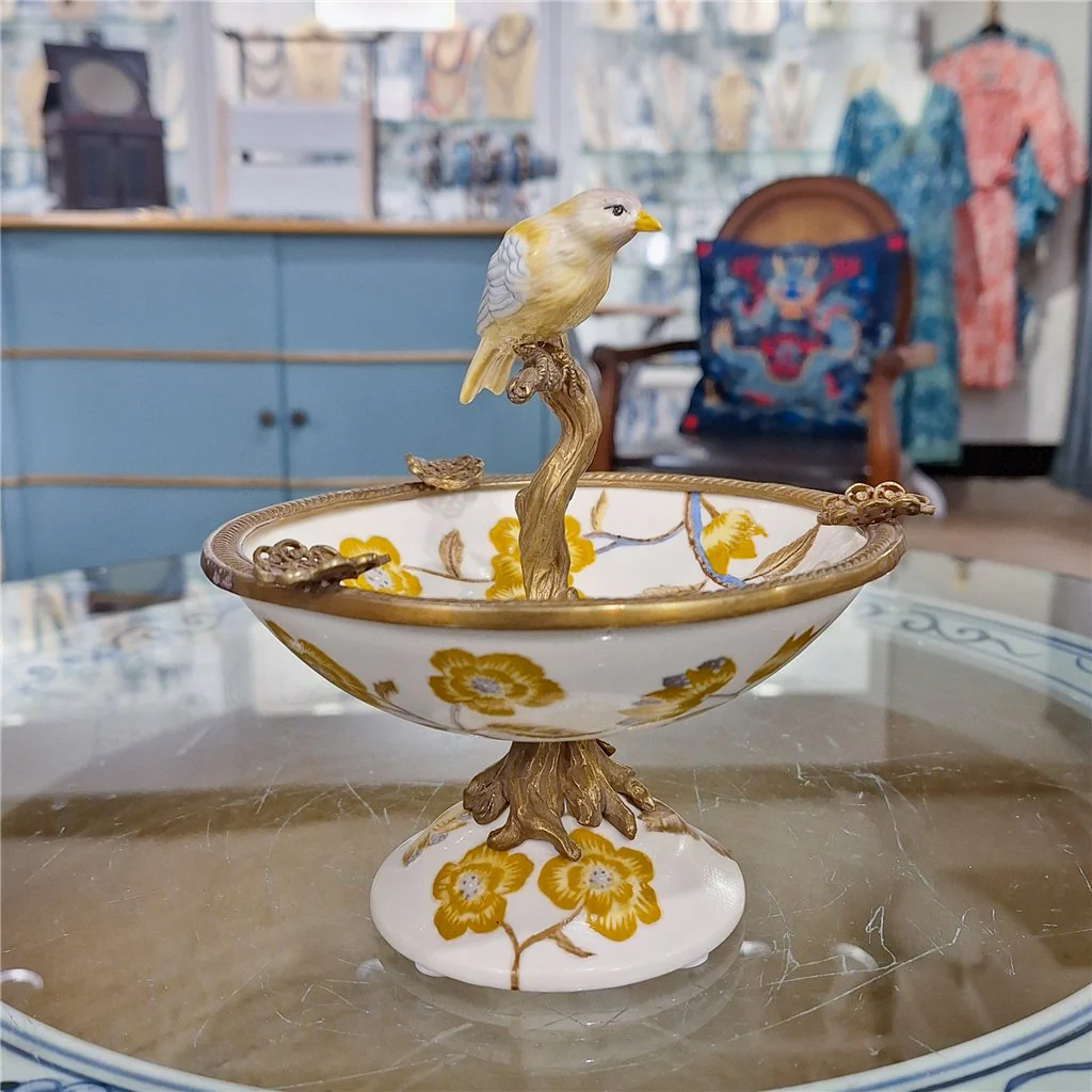 Danny's Fine Porcelain Porcelain Bird Dish With Bronze Ormolu - Yellow Floral 60416 - Image 2