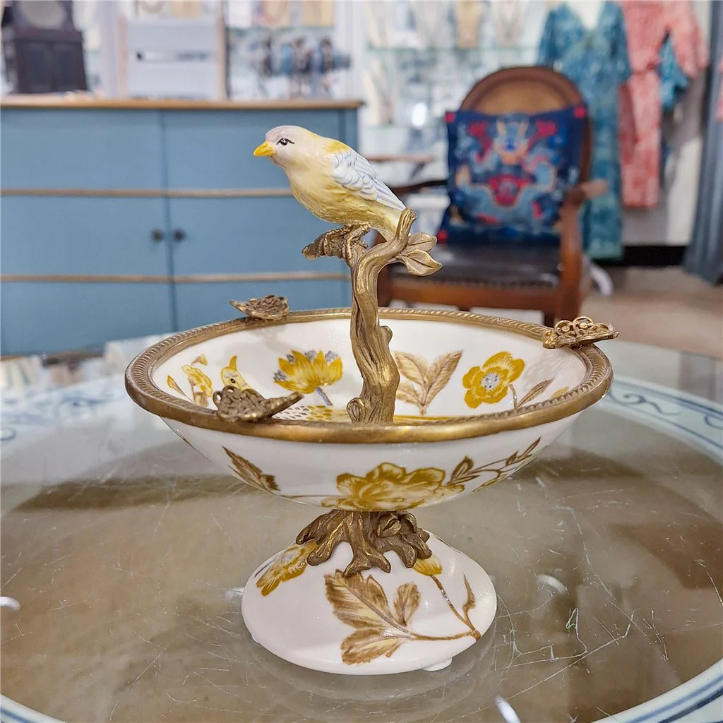 Danny's Fine Porcelain Porcelain Bird Dish With Bronze Ormolu - Yellow Floral 60416 - Image 3